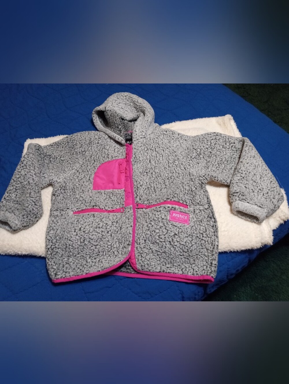 Justice Gray Sherpa Jacket with Hot Pink Accents